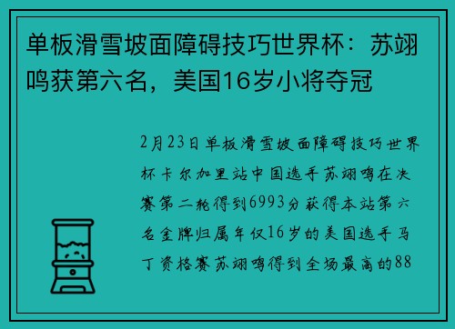 单板滑雪坡面障碍技巧世界杯：苏翊鸣获第六名，美国16岁小将夺冠