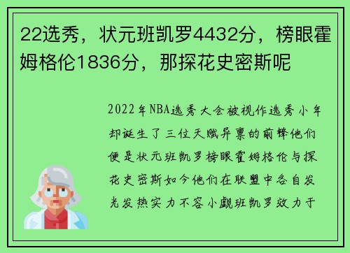 22选秀，状元班凯罗4432分，榜眼霍姆格伦1836分，那探花史密斯呢